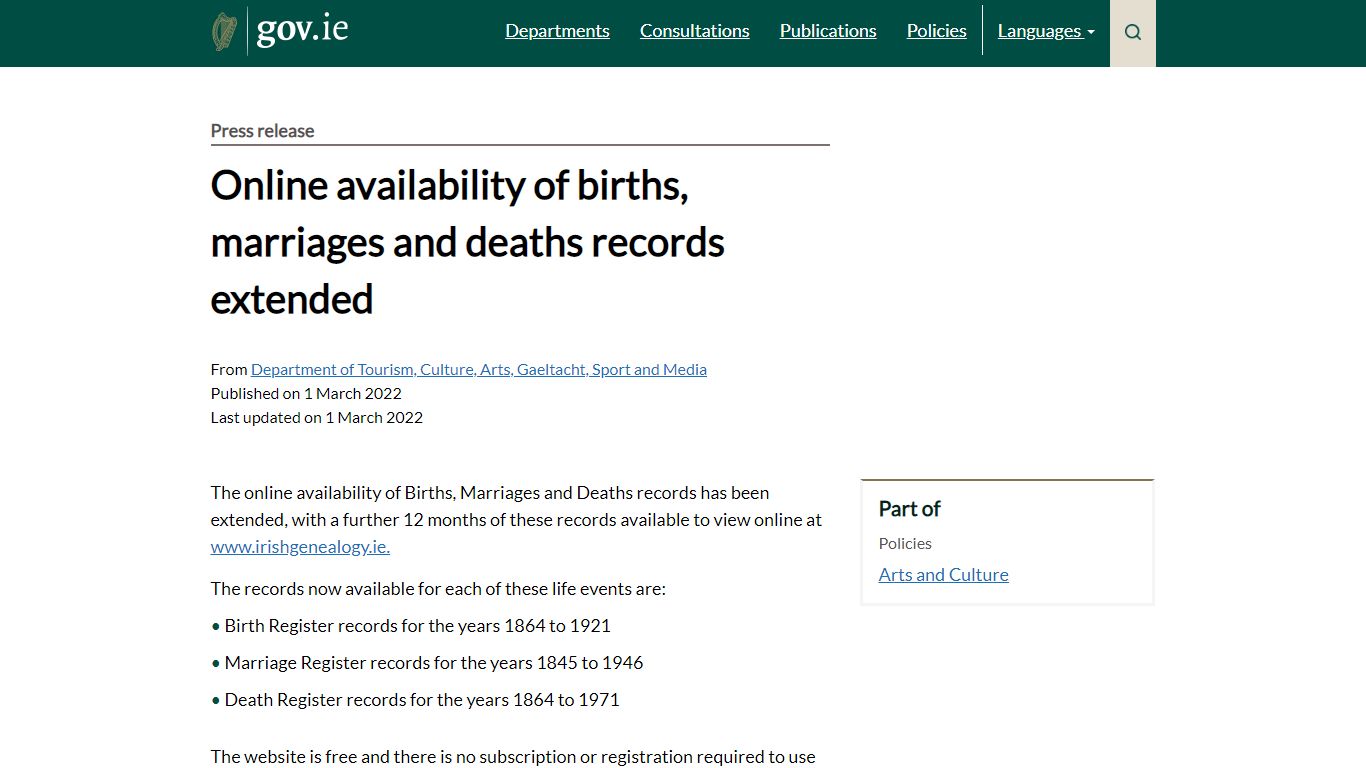 Online availability of births, marriages and deaths records extended